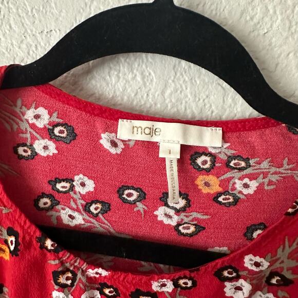 Maje Rahimi Floral Short Sleeve Ruffle Wrap Mini Dress Red Size 1 - Picture 7 of 9